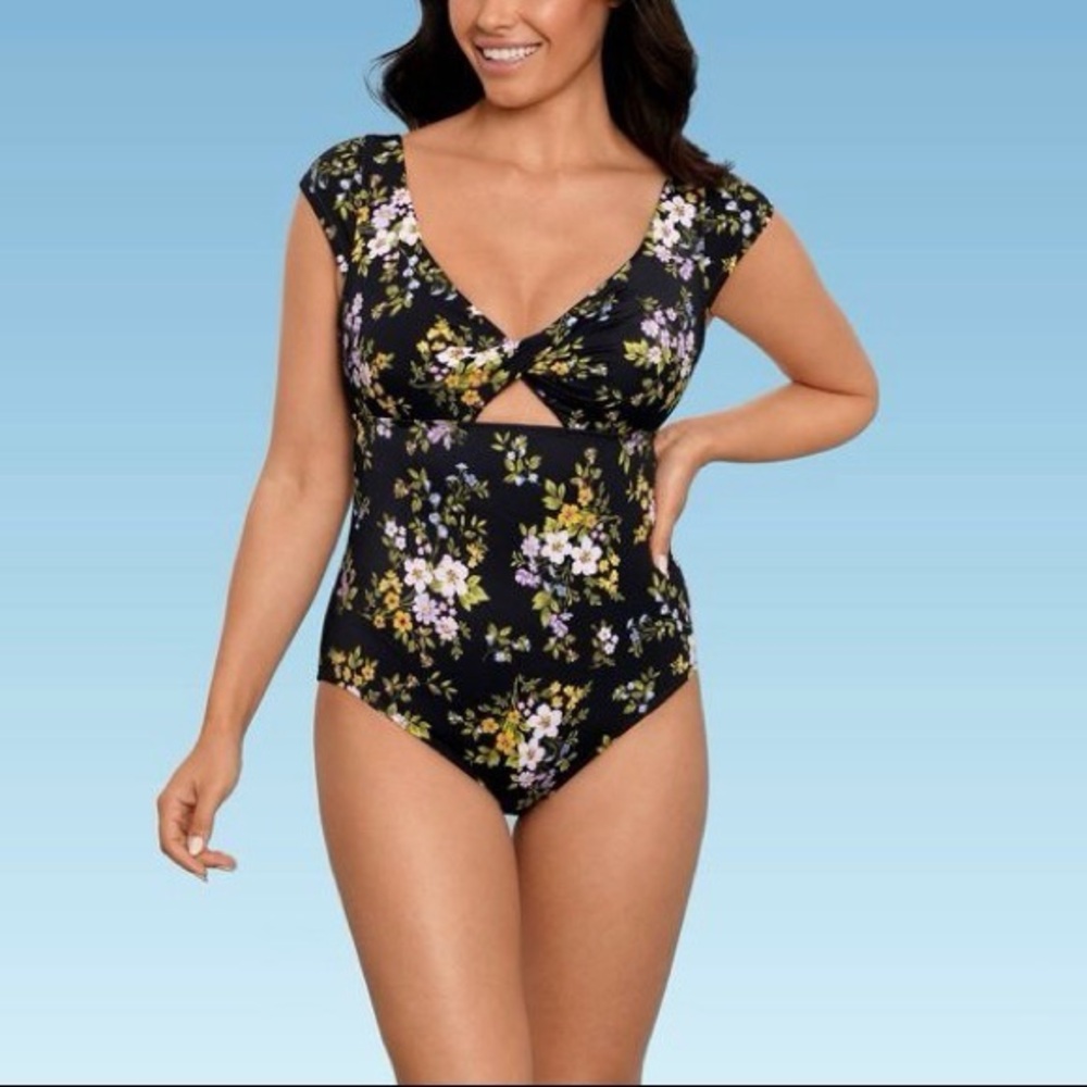 Beach Betty Miracle Brands Slimming Control One Piece Swim Black Floral medium